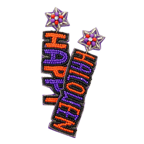 Orange Purple Happy Halloween Felt Back Beaded Message Dangle Earrings, share the spirit of Halloween with handmade seed Beaded Earrings. These earrings are just the thing you need to complete your Halloween costume! Let the spooky season begin! Perfect for Halloween parties, cosplay, costume party, parade. Happy Halloween!