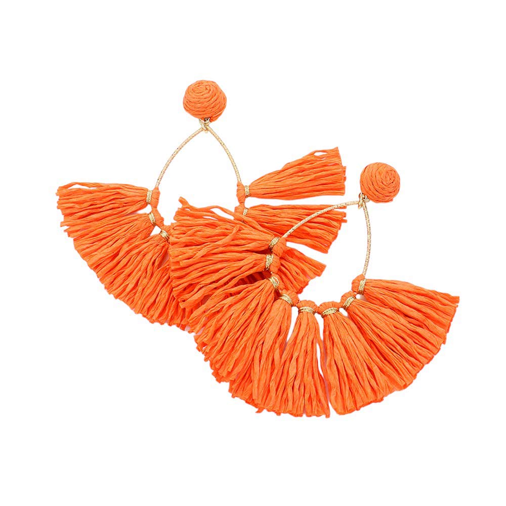 Orange Raffia Fringe Fan Dangle Earrings, Expertly crafted with delicate Raffia Fringe, these earrings add a touch of elegance to any outfit. The fan dangle design creates a unique and eye-catching look, while the lightweight material ensures comfortable wear all day long. Perfect for any occasion.