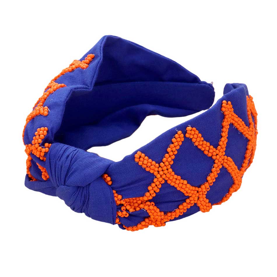 Orange Royal Blue Game Day Seed Beaded Check Patterned Knot Burnout Headband, push back your hair with this pretty headband, and add a pop of color to any outfit! Gift your sports enthusiast with the one-of-a-kind Game Day Seed Beaded Check Patterned Knot Burnout Headband. This is the perfect gift for the people who love sports most.