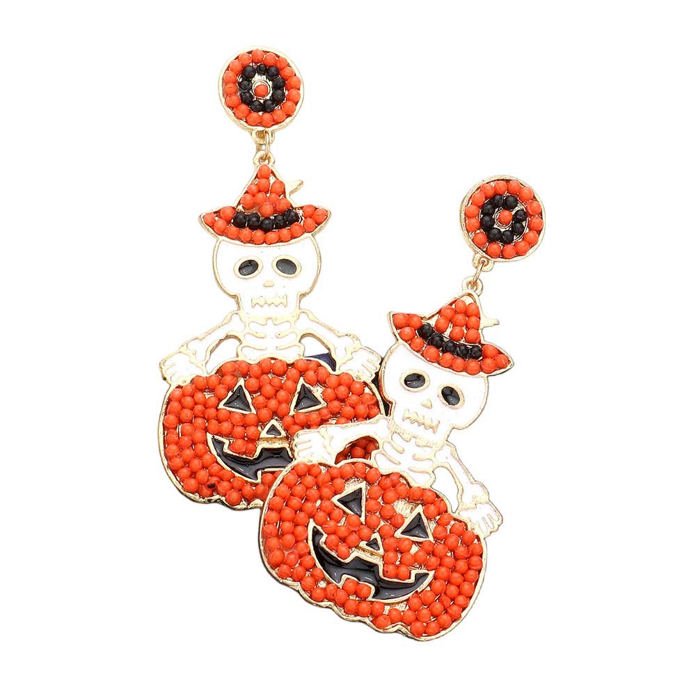 Orange Seed Beaded Enamel Skull Pumpkin Dangle Earrings, are fun handcrafted jewelry that fits your lifestyle, adding a pop of pretty color. This pretty & tiny earring will surely bring a smile to one's face as a gift. This is the perfect gift for Halloween, especially for your friends, family, and the people you love.