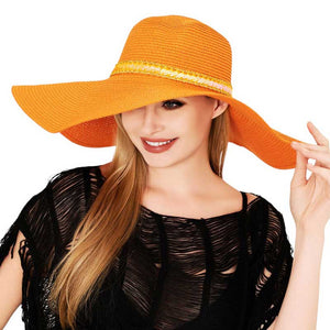 Orange Sequin Band Pointed Straw Sun Hat, Get ready to shine in the summer sun with our Sequin Band Pointed Sun Hat! Made with sturdy straw for all-day wear, this hat features a stylish sequin band for a touch of glam. Protect yourself from UV rays while making a statement - no dull moments here! Perfect summer gift choice!