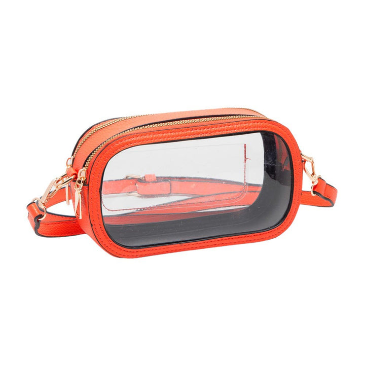 Orange Solid Faux Leather Transparent Rectangle Crossbody Bag, is the perfect accessory for any outfit. Its solid faux leather material is durable and lightweight. The adjustable crossbody strap provides convenience and comfortability. Wear it on your next night out for a fashionable look and make an exquisite gift with this!