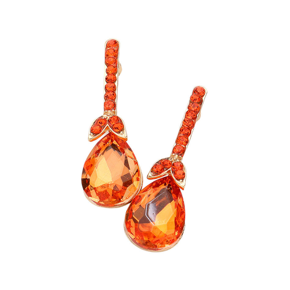 Orange Teardrop Stone Accented Evening Earrings, featuring Gorgeous evening earrings and teardrop stones accented with sparkling crystals. These earrings will add a touch of glamour to any attire. Perfect for any occasion. These beautifully unique designed earrings are suitable as gifts for wives, friends, and mothers.