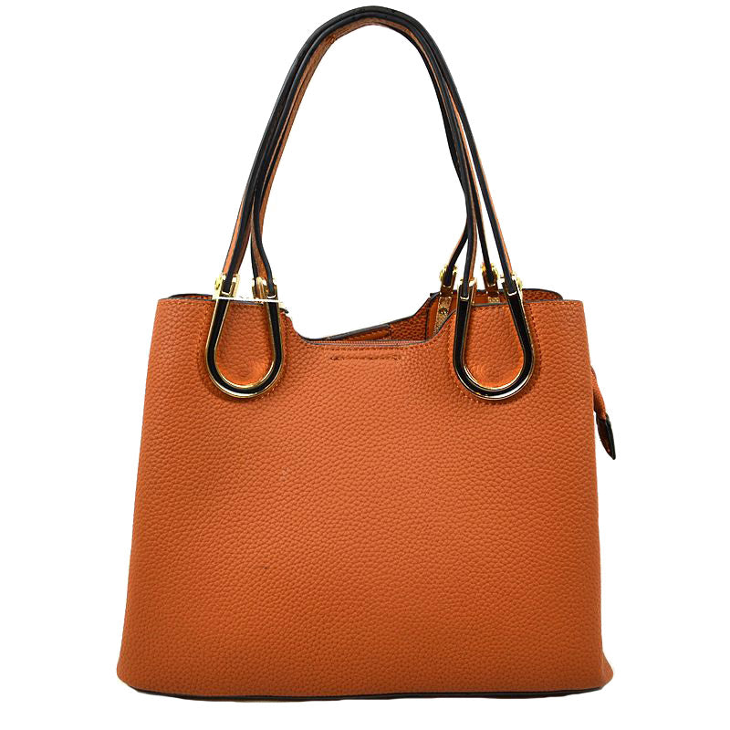 Orange Textured Faux Leather Horseshoe Handle Women's Tote Bag, featuring an eye-catching textured faux leather exterior and a horseshoe-shaped handle. The bag has a spacious interior, perfect for days when you need to carry a lot of items. Its structure and design ensure that your items will stay secure even on the go.