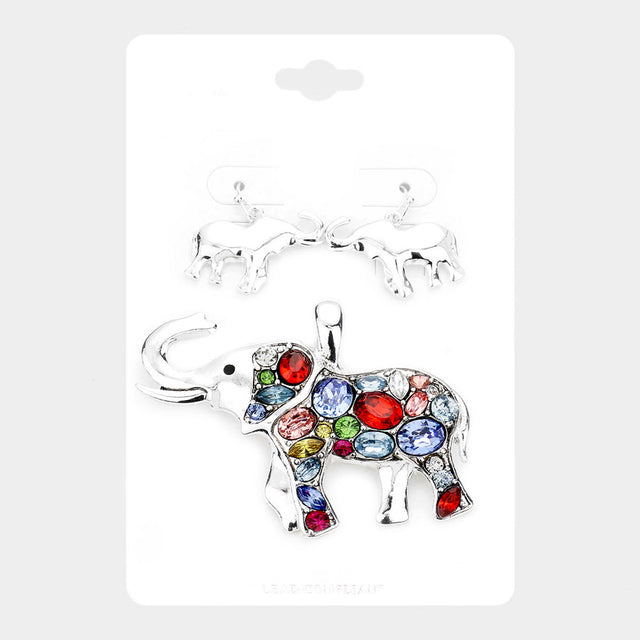 Madeline Love Antique Silver, Multi Multi Stone Elephant Magnetic Pendant Set - Pendant Sets