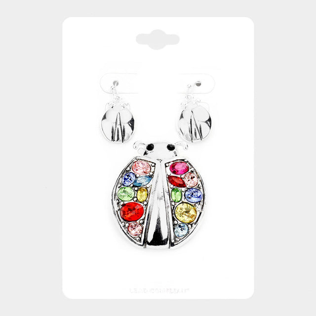 Madeline Love Antique Silver, Multi Multi Stone Ladybug Magnetic Pendant Set - Pendant Sets