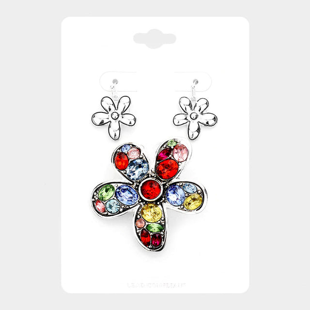 Madeline Love Antique Silver, Multi Multi Stone Flower Magnetic Pendant Set - Pendant Sets