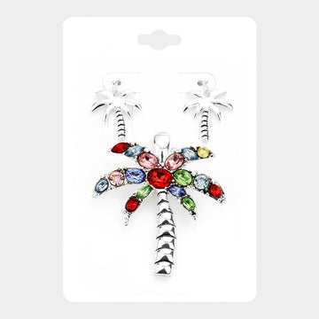Madeline Love Antique Silver, Multi Multi Stone Palm Tree Magnetic Pendant Set - Pendant Sets