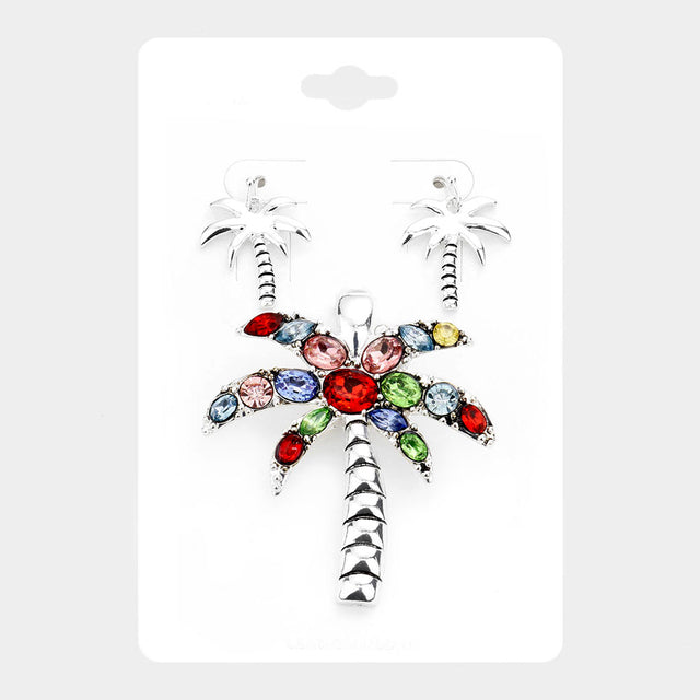 Madeline Love Antique Silver, Multi Multi Stone Palm Tree Magnetic Pendant Set - Pendant Sets