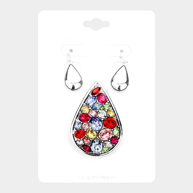 Madeline Love Antique Silver, Multi Multi Stone Teardrop Magnetic Pendant Set - Pendant Sets