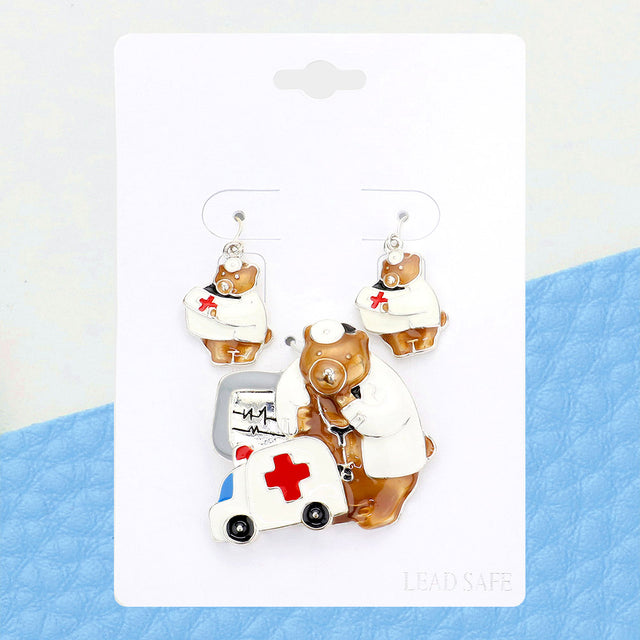 Madeline Love Antique Silver, Multi Enamel Doctor Bear Magnetic Pendant Set - Pendant Sets
