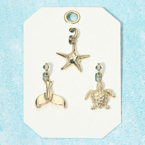 3PCS - Metal Whale Tale Starfish Sea Turtle Pendant Charm Set - Gold