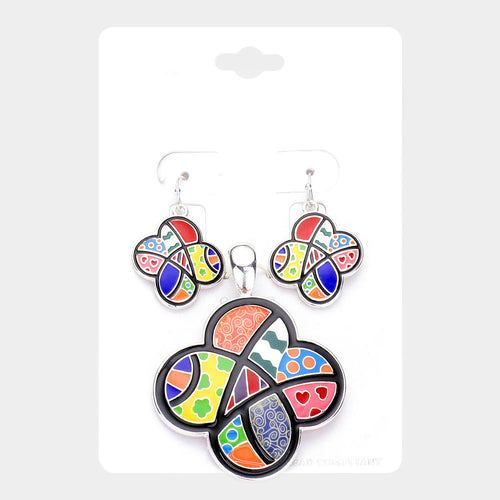 Patterned Enamel Quatrefoil Pendant Set - Multi