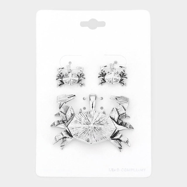 Antique Silver Textured Metal Origami Crab Pendant Set