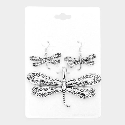 Antique metal spoon handle dragonfly pendant set - Antique Silver
