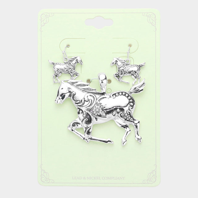 Madeline Love Antique Silver Antique Metal Running Horse Pendant Set - Pendant Sets