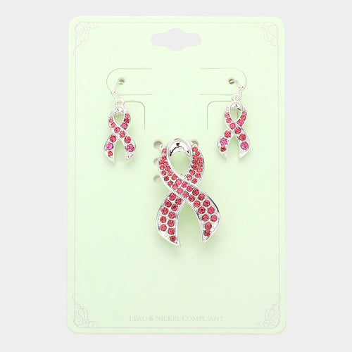 Crystal Pink Ribbon Pin Brooch Pendant Set - Pink