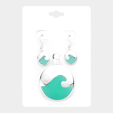 Madeline Love Blue, Silver Sea Glass Wave Round Magnetic Pendant Set - Pendant Sets