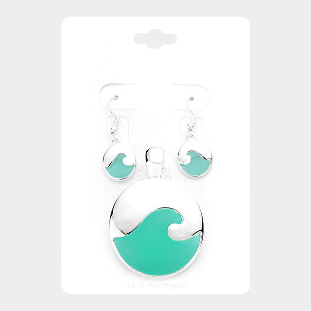 Madeline Love Blue, Silver Sea Glass Wave Round Magnetic Pendant Set - Pendant Sets