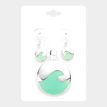 Madeline Love Silver, Turquoise Sea Glass Wave Round Pendant Set - Pendant Sets