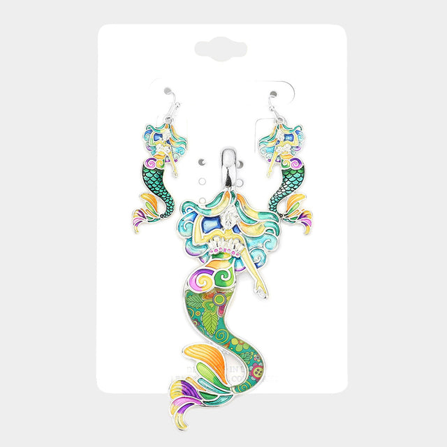 Turquoise Enamel Floral Pattern Mermaid Pendant Set