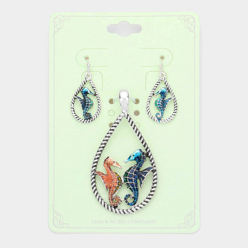 Enamel Seahorse Accented Open Teardrop Pendant Set - Antique Silver, Multi