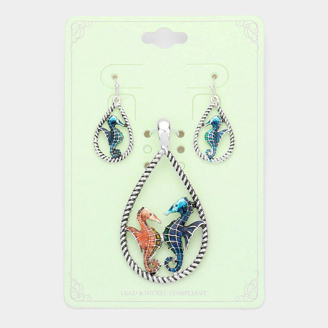 Antique Silver, Multi Enamel Seahorse Accented Open Teardrop Pendant Set