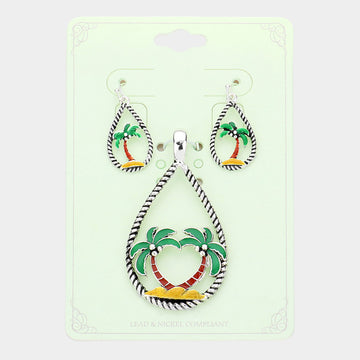 Madeline Love Green Enamel Palm Tree Accented Open Teardrop Pendant Set - Pendant Sets