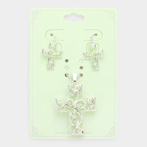 Filigree Metal Cross Pendant Set - Silver