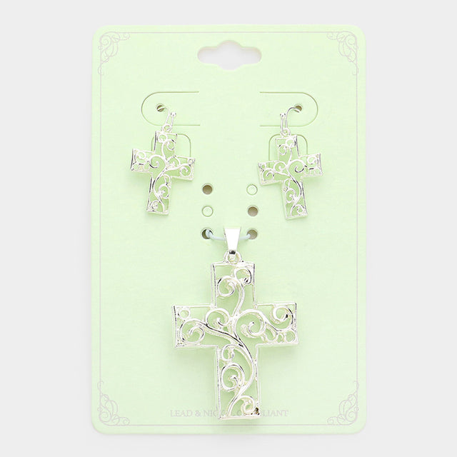 Madeline Love Silver Filigree Metal Cross Pendant Set - Pendant Sets