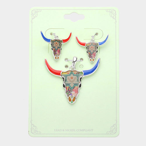 Enamel Steer Head Pendant Set - Multi, Silver