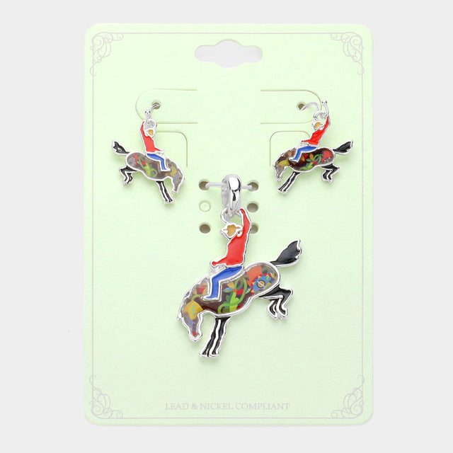 Madeline Love Multi, Silver Enamel Cowboy Horse Pendant Set - Pendant Sets