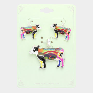 Madeline Love Multi Flower Patterned Cow Pendant Set - Pendant Sets