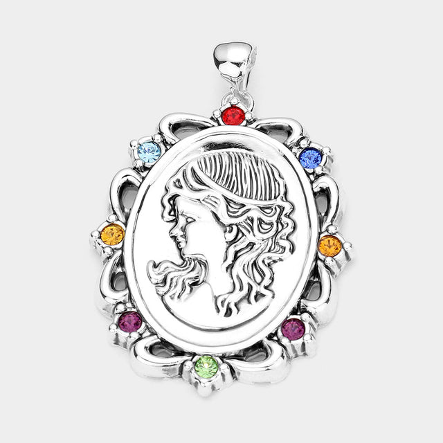 Madeline Love Multi Stone Embellished Embossed Metal Girl Pendant - Pendant Sets
