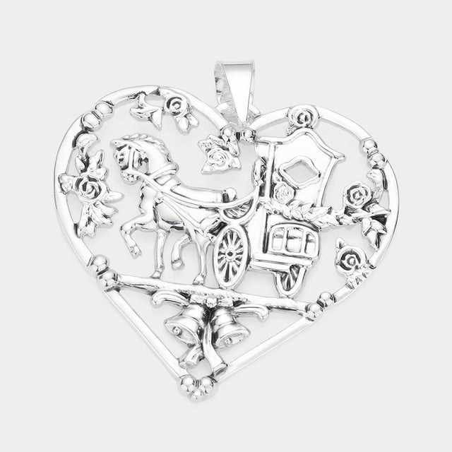 Madeline Love Silver Metal Carriage Christmas Jingle Bell Accented Heart Pendant - Pendant Sets