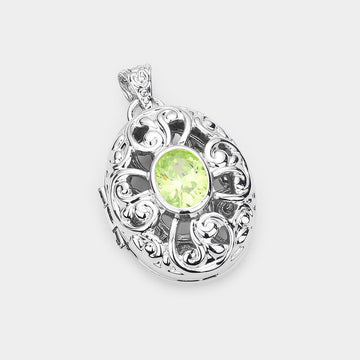 Madeline Love Green CZ Oval Accented Filigree Metal Locket Pendant - Pendant Sets