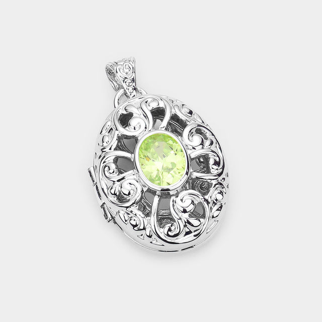 Madeline Love Green CZ Oval Accented Filigree Metal Locket Pendant - Pendant Sets