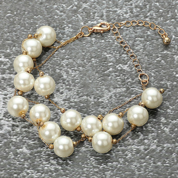 Madeline Love Cream, Gold Handmade Layered Pearl Cluster Station Bracelet - Bracelets