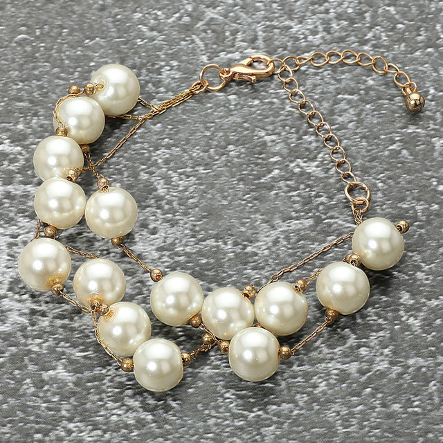 Madeline Love Cream, Gold Handmade Layered Pearl Cluster Station Bracelet - Bracelets