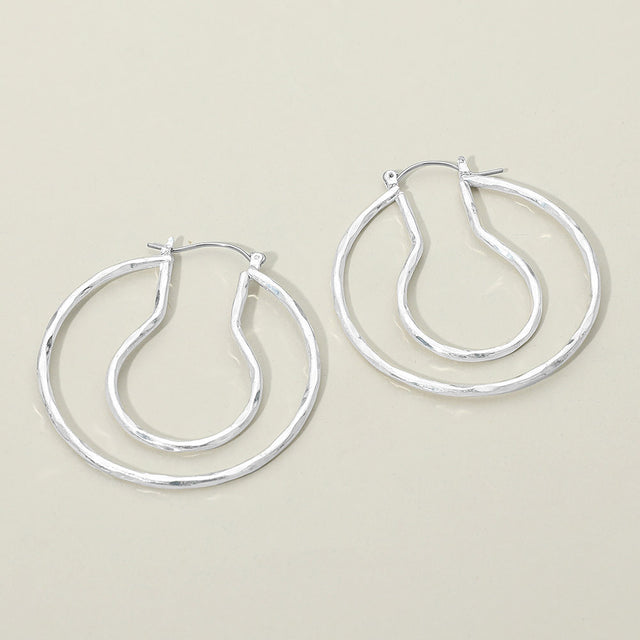 Madeline Love Worn Silver Hammered Metal Organic Layered Pin Catch Hoop Earrings