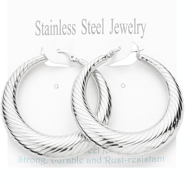Madeline Love Rhodium Stainless Steel Textured Hoop Pin Catch Earrings