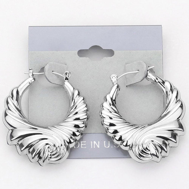 Madeline Love Rhodium Swirl Design Metal Pin Catch Hoop Earrings