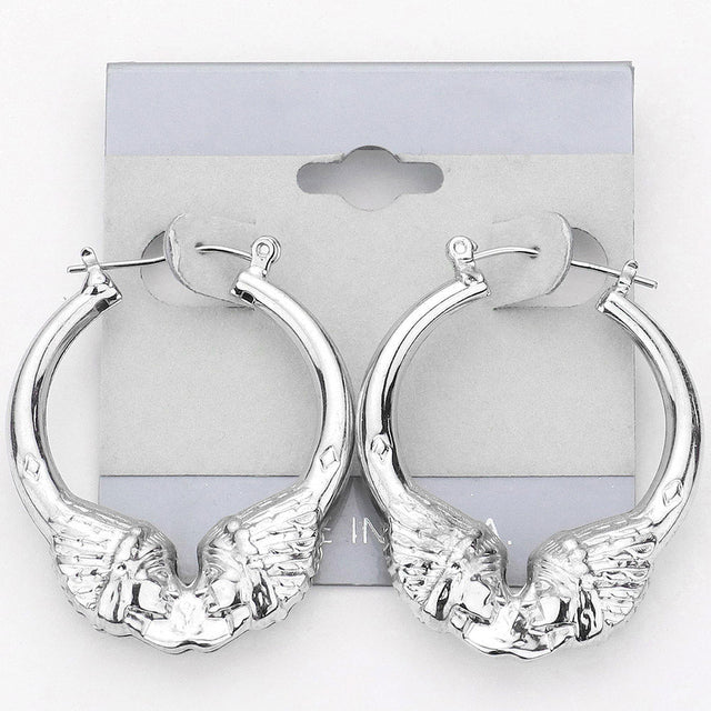 Madeline Love Rhodium Metal Indian Headdress Pin Catch Hoop Earrings
