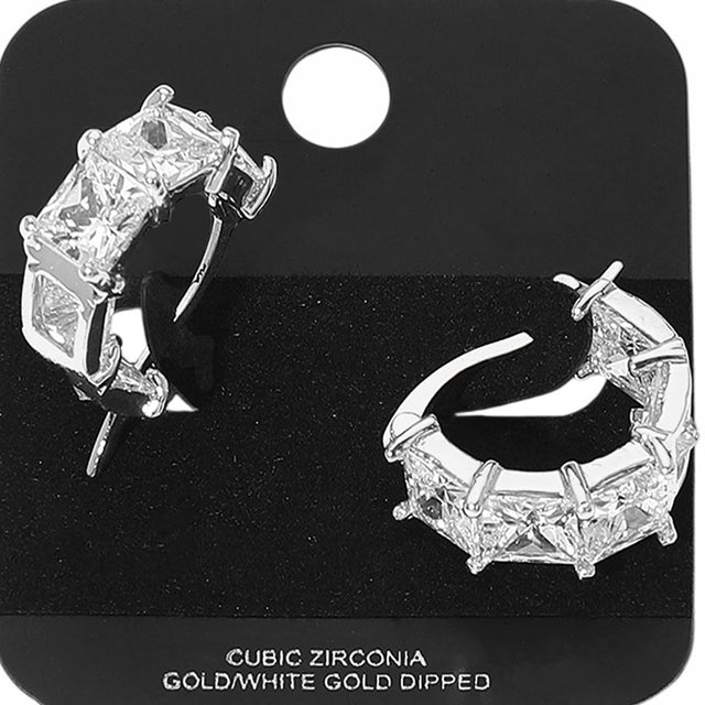 Madeline Love Rhodium Gold Dipped Princess Cut CZ Stone Cluster Around Pin Catch Small Hoop Earrings - Jewelry