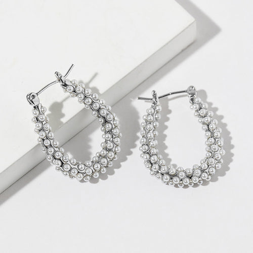 White Gold Dipped Pearl Teardrop Pin Catch Hoop Earrings - Rhodium, White
