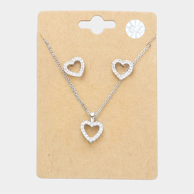 CZ Heart Pendant Necklace - Silver - Necklaces