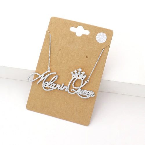 CZ Melanin Queen Message Pendant Necklace - Silver