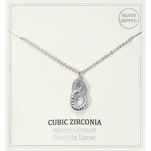 Silver Dipped Double Loop CZ Stone Pendant Necklace - Clear, Rhodium