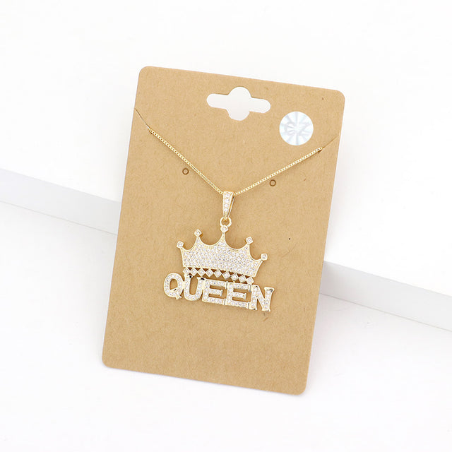 Madeline Love Gold CZ Queen Message Crown Pendant Necklace - Jewelry