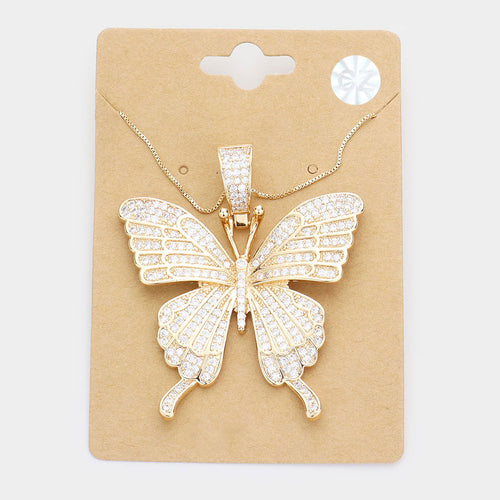 CZ Embellished Butterfly Pendant Necklace - Gold